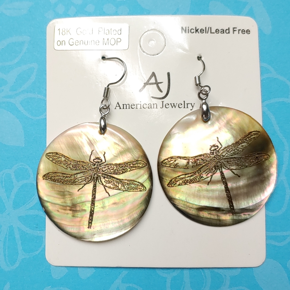 Mother of Pearl Earrings w/Gold Plated Dragonflies